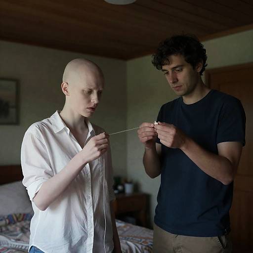 Two People Examining String in Dimly Lit Room