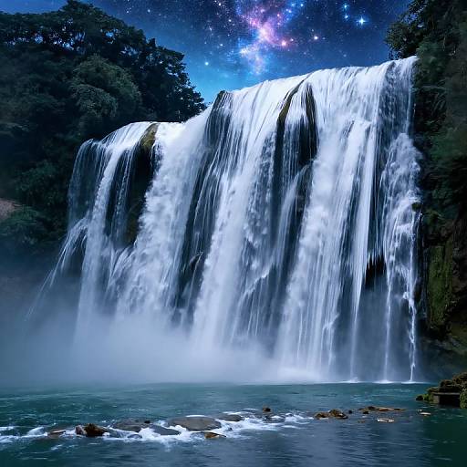 Photograph of a luminous, multi-tiered waterfall at night, with cascading white water, a starry sky, and dense, dark green