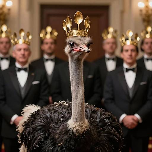 Photograph of an ostrich wearing a gold crown, surrounded by six men in black tuxedos with gold crowns, in a formal,