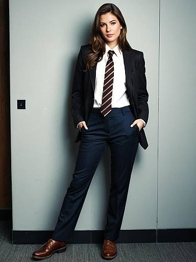 Photograph of a confident woman with long brown hair, wearing a black blazer, white shirt, striped tie, black pants, and brown shoes,