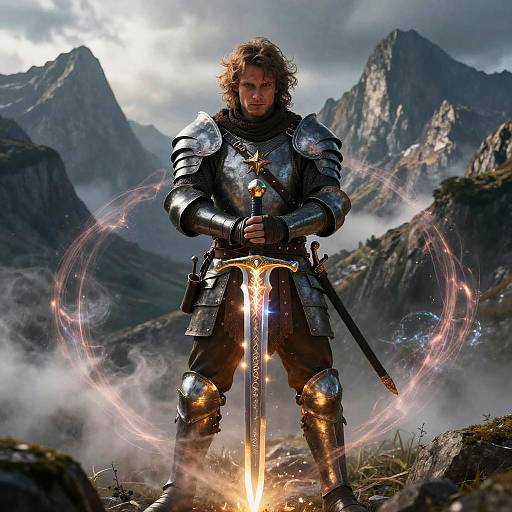 Photorealistic image of a muscular, curly-haired knight in silver armor holding a glowing sword, surrounded by magical energy rings in a misty, mountain
