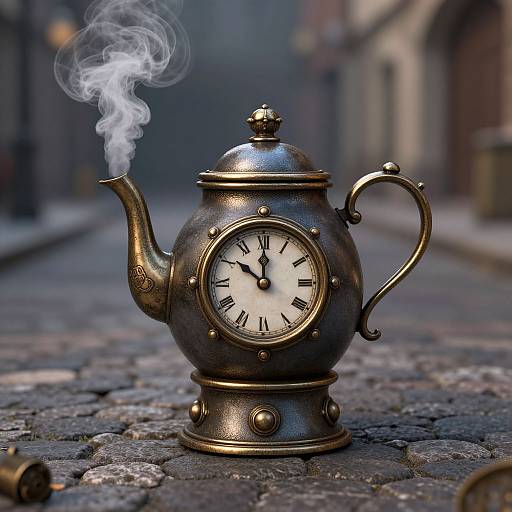 Photograph of a smoking, vintage bronze teapot with a clock face, standing on a cobblestone street in a foggy, medieval alleyway