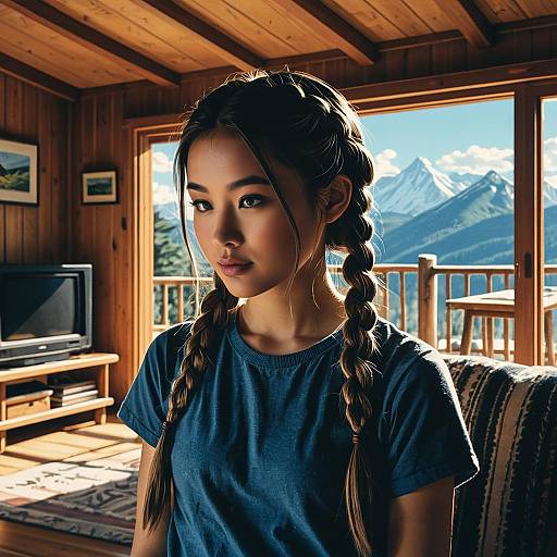 Teenage girl in mountain cabin