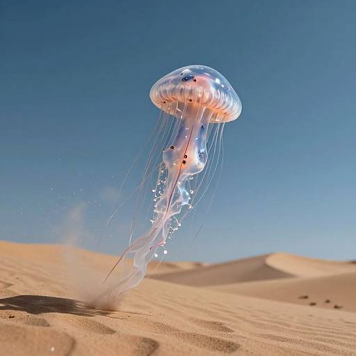 Photograph of a glowing, translucent jellyfish with long, trailing tentacles floating over a clear blue sky and sandy desert dunes.