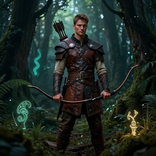Photorealistic fantasy image of a muscular, bearded archer in medieval armor, holding a bow, standing in a mystical forest with glowing runes.