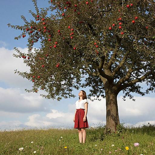 Photograph of a blonde woman in a white top and red skirt, standing beneath a large apple tree with red apples, in a sunny meadow with