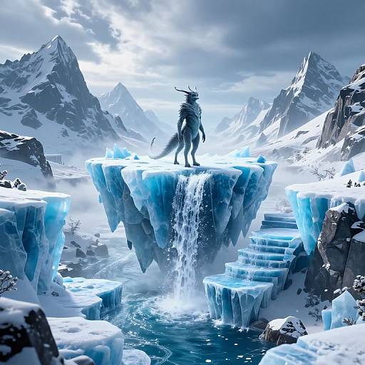 Fantasy digital artwork: A dragon-like creature stands on an icy cliff, overlooking a frozen mountain landscape with cascading waterfalls and a bright, cloudy