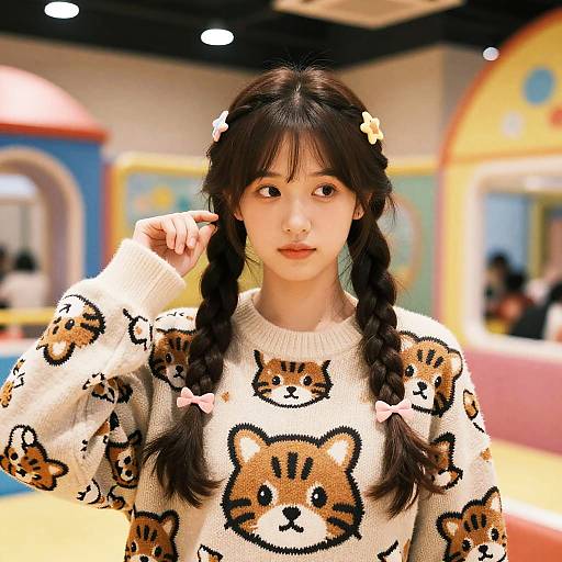 Micro Bangs Fashion Model in Playful Setting