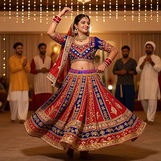 Photograph of a smiling South Asian bride in a vibrant red and blue lehenga with gold embroidery, dancing in a hall with string lights and smiling male