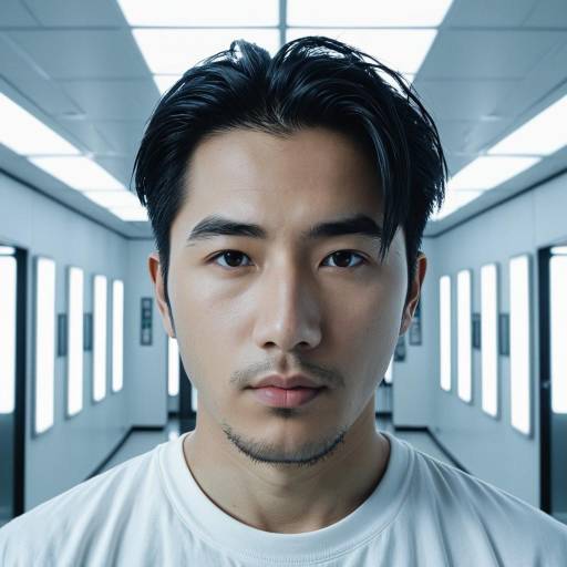 Portrait of East Asian Man in Futuristic White Corridor