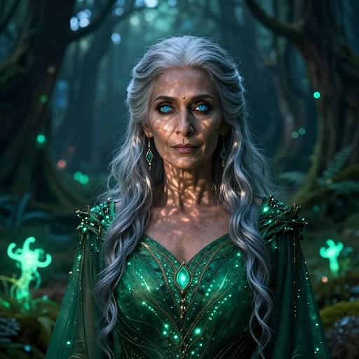 Digital artwork of an ethereal, silver-haired woman with glowing blue eyes, wearing a green, jewel-embellished dress in a mystical forest with