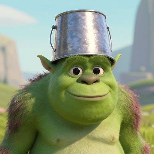 CGI image of a green, furry, cartoonish creature with large eyes, wearing a shiny metal bucket on its head, against a bright, blurry