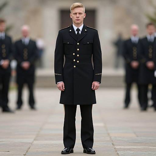 Photograph of a blond young man in a black military-style uniform with gold buttons, standing center in a blurred outdoor setting with uniformed men in the