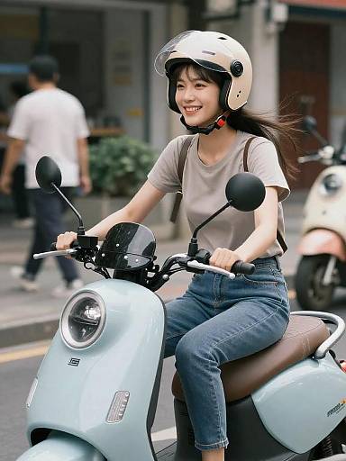 Young Woman Riding Light Blue Scooter