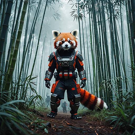 Red Panda Robot Character in Bamboo Forest
