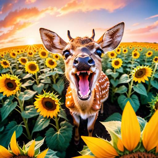 Playful Baby Deer in Sunflower Field