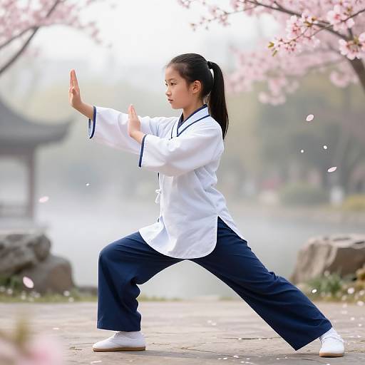Photograph of an Asian woman in a white martial arts uniform and blue pants, performing a tai chi stance amid blooming cherry blossoms.
