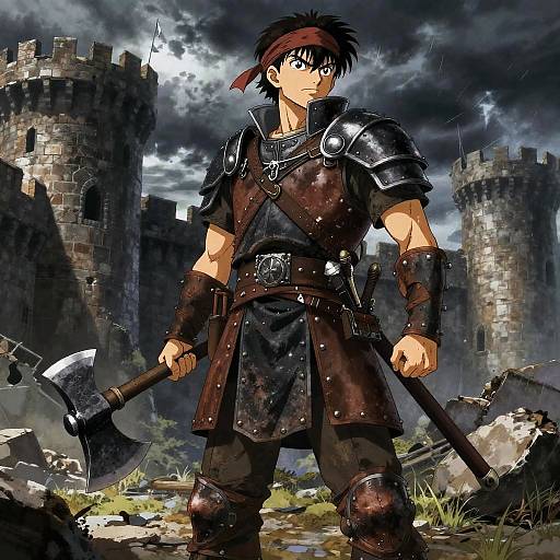 Anime-style drawing of a serious young warrior with black hair and red headband, wearing dark armor and holding a large axe, standing in front of storm