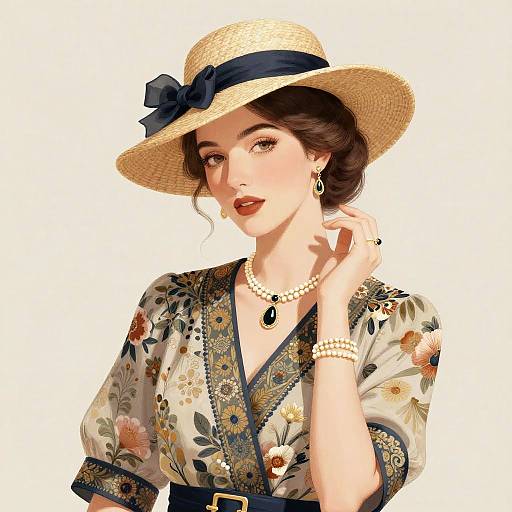 Digital illustration of a fair-skinned woman with dark hair, wearing a floral blouse, straw hat with blue ribbon, pearl necklace, earrings, and bracelet