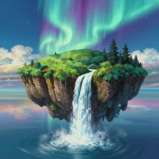 Dreamscape Waterfall Under Aurora Borealis