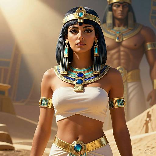 Digital artwork of an Egyptian woman with dark blue bob hair, gold and turquoise jewelry, white bandeau and skirt, standing in front of a muscular,