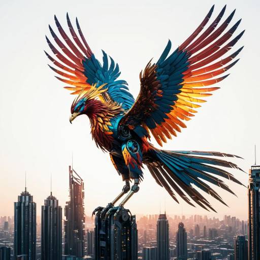 Mechanical Phoenix Soaring Over Cyberpunk City