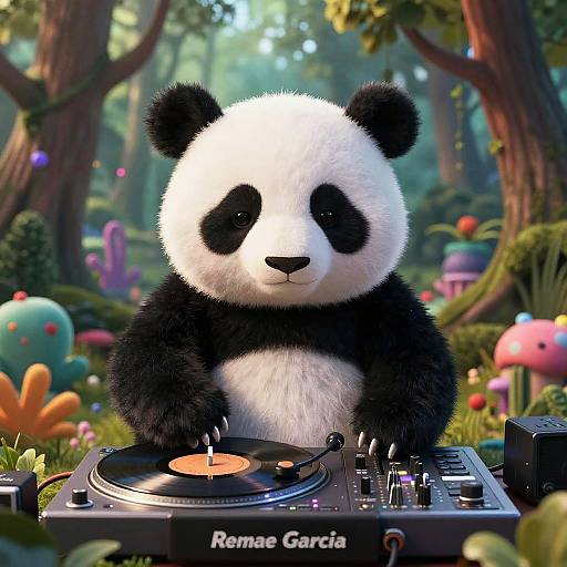 Panda DJ Spinning Records in Psychedelic Forest