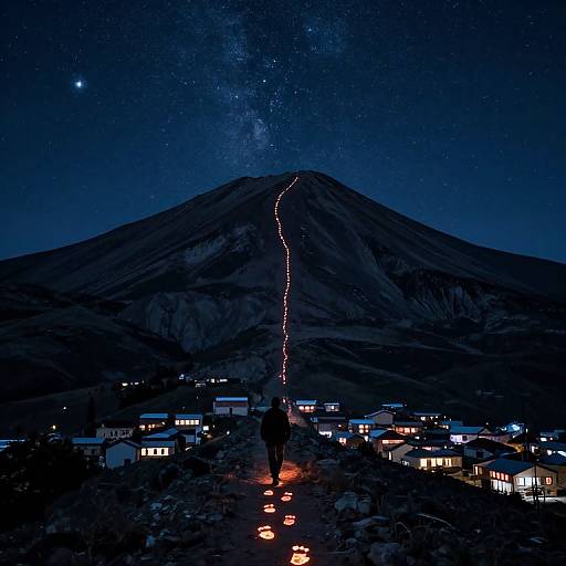Photograph of a person standing on a path illuminated by red lights, leading to a mountain under a starry night sky, with village lights in the