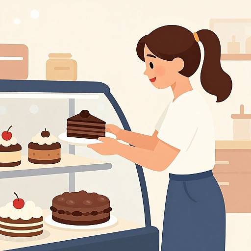 Digital illustration of a smiling woman with brown hair in a ponytail, wearing a white shirt and blue skirt, selecting a chocolate cake from a display case