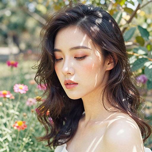 Photograph of an Asian woman with wavy dark hair, closed eyes, and soft makeup, standing in a sunlit, colorful garden.