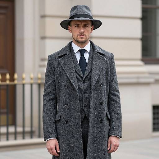 Photograph of a serious, bearded man in a dark gray double-breasted overcoat, black tie, white shirt, and black fedora,