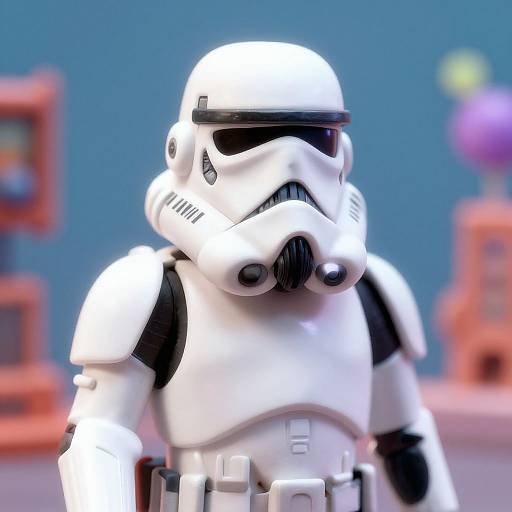 Photorealistic CGI of a white Stormtrooper in Star Wars armor, front view, with a blue blurred background and colorful, abstract objects.