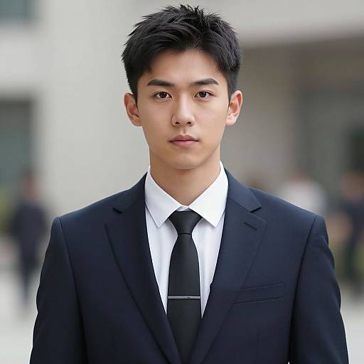 Photograph of a young Asian man with short black hair, wearing a black suit, white shirt, and black tie, standing in a blurred urban background
