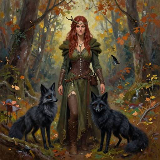 Half-Orc Druid Woman with Black Foxes in Autumn Forest