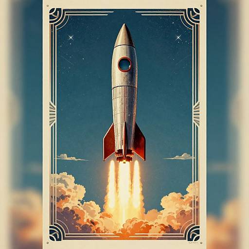 Digital illustration of a rocket launching upward, surrounded by glowing clouds and a starry night sky, framed by ornate white borders.