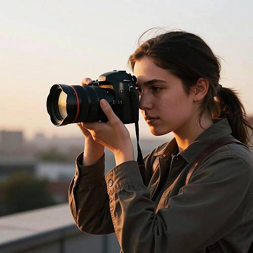 Photograph of a young woman with dark hair in a ponytail, wearing a green jacket, holding a camera, looking through the viewfinder, against
