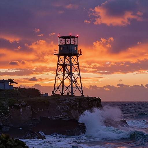 Photograph of a silhouetted lighthouse tower with red lights, against a vivid orange and purple sunset sky, with crashing waves below.