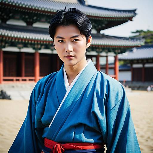 Young Man in Blue Traditional Korean Hanbok