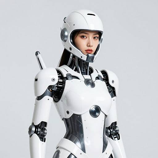 Hyper-Realistic Woman in White Mech Suit
