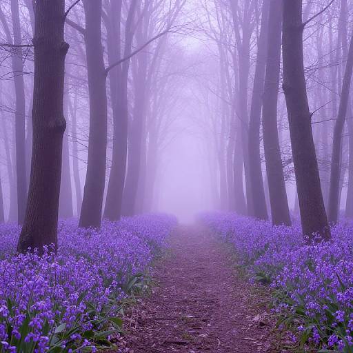 Misty forest path lined with vibrant purple bluebells, surrounded by tall, leafless trees. Ethereal, fog-filled ambiance in photograph.