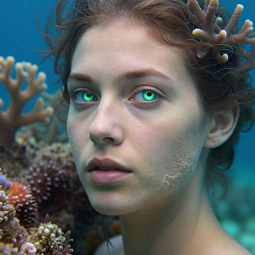 Photograph of a fair-skinned, green-eyed young woman with reddish-brown hair adorned with coral, surrounded by colorful coral reef, underwater.