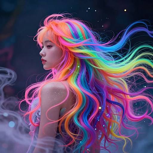 Digital art of an Asian woman with vibrant, rainbow-colored, flowing hair against a dark, starry background, exuding ethereal beauty.