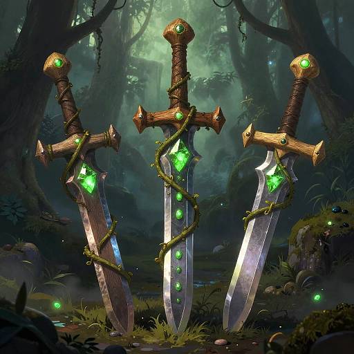 Three enchanted swords with glowing green gems and vine wrappings stand in a mystical, dark forest illuminated by moonlight. Digital artwork.