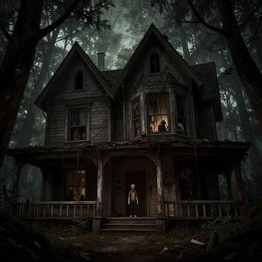 Photograph-style digital artwork: eerie, dark wooden haunted house in foggy forest, two glowing windows, figure in door, ominous atmosphere.