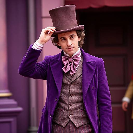 Photograph of a young man in Victorian attire, wearing a black top hat, purple coat, gray vest, and pink bow tie, adjusting his hat