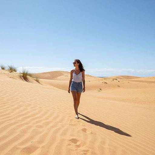 Photograph of a woman with long dark hair, wearing a white patterned top and denim shorts, walking in a bright, sunny desert with golden sand
