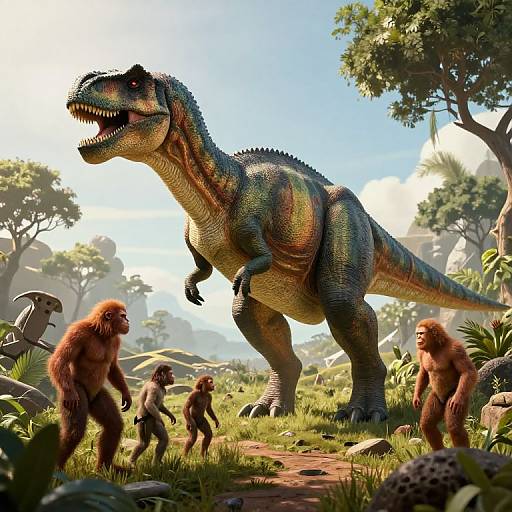 CGI artwork of a large, green-scaled, yellow-striped dinosaur standing in a sunlit, lush forest, with three brown-furred, ape