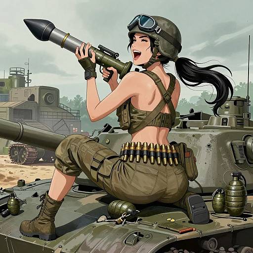Digital illustration of a smiling, black-haired woman in military gear, holding a rocket launcher, sitting on a tank with ammo belts.