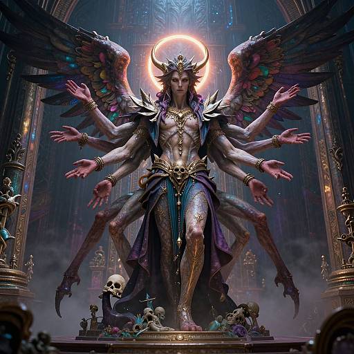 CGI digital art of a multi-armed, winged demon queen with horns, wearing gold armor and purple drapery, surrounded by skulls and