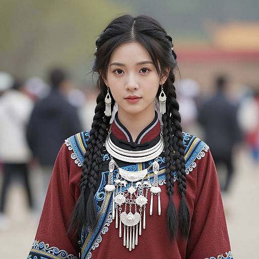 Photograph of an East Asian woman with long black braids, wearing a red traditional dress with blue embroidery and white silver jewelry, standing outdoors with a